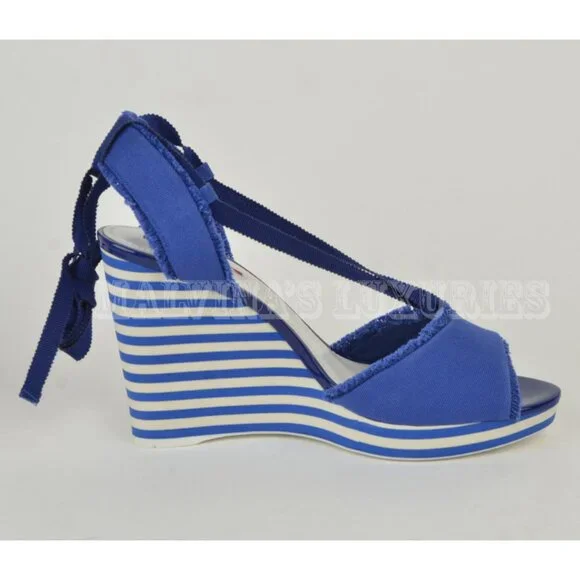 PRADA SPORT SHOES STRIPED WEDGE BLUE CANVAS ANKLE WRAP SANDALS sz 40 / 10 - Picture 8 of 13